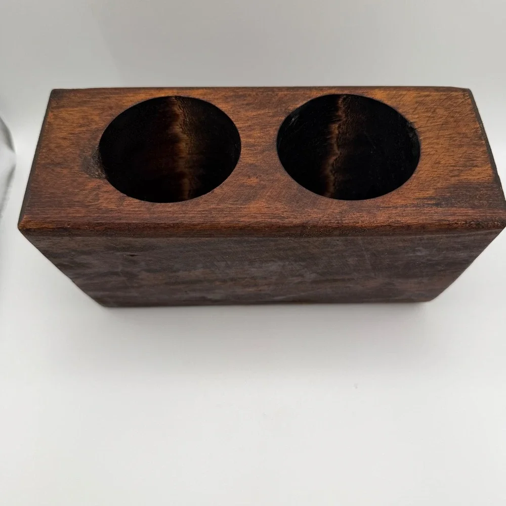 VTG Primitive Hand Carved Wood 2 Hole Sugar Mold Candle Or Makeup Brush Holder